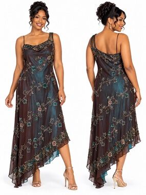 Vintage Scala 100% Silk Asymmetrical Dress Size L Brown Turquoise Beaded NWT